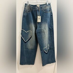 Easel Blue Wide Leg Jeans with Heart Patches